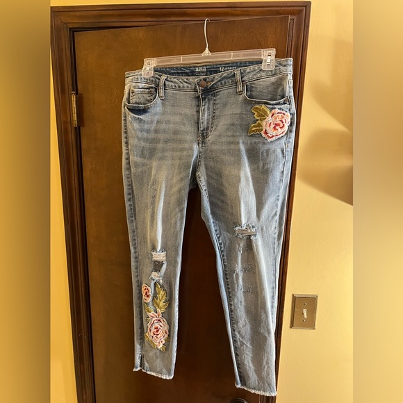 a.n.a Denim - a.n.a jeans, with pink floral appliqués, and leg slits, size 12